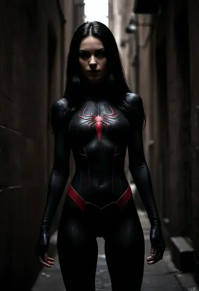very slim and slender girl in black spiderman outfit, spiderman noir, very long black hair, dark back alley, full body view, very sexy, extreme erotic picture, <lora:dark:.8>