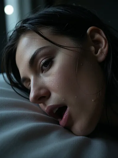Imagine an extreme ultra close-up where the face of a stunning woman, 28 years old, almost fills the entire frame, edges of her head extending past the borders, her face presses into a soft pillow, then lifts just a few centimeters, pores and lashes crisp, damp strands clinging to her temple, a light sheen of perspiration catching the faintest light. Her breathing is intense, expression charged, quiet determination and release, conveyed only through subtle facial tension and minute motion. The palette is desaturated low key, with deep blacks and high contrast. Only the faintest cool moonlight filtered through clouds and a curtain grazes one side of her face, casting deep dramatic shadows that reveal just the contours, everything beyond her face dissolves into blackness. Masterpiece, ultra photorealistic cinematic finish, subtle film grain, exceptional micro contrast, ultra shallow depth of field