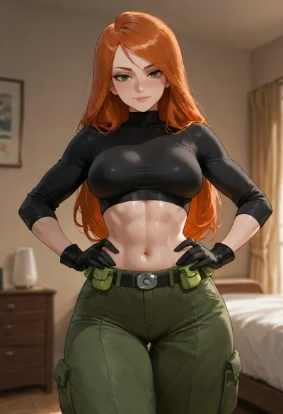 masterpiece, best quality, absurdres, newest, highres, very aesthetic, 1girl, solo, mature female, adult, kim possible, nsfw, long hair, orange hair, green eyes, beautiful detailed eyes, athletic body, medium breasts, narrow waist, toned abs, black crop top, turtleneck, midriff, green cargo pants, black gloves, utility belt, standing, hands on hips, looking at viewer, slight smile, blush, bedroom, detailed background, soft lighting, depth of field, detailed face, detailed eyes, intricate details