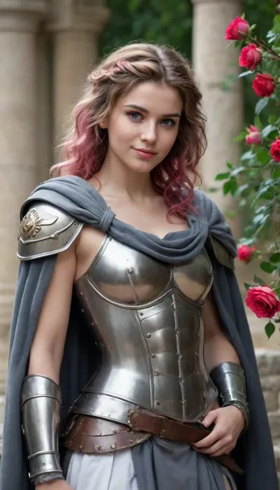 beautiful sexy slender young lady, hot sweaty pale white skin, kind soft, flirty eyes, flirty smirk smile, rough tangled rose hair, Greek soldiers armour, grey cloak, boots