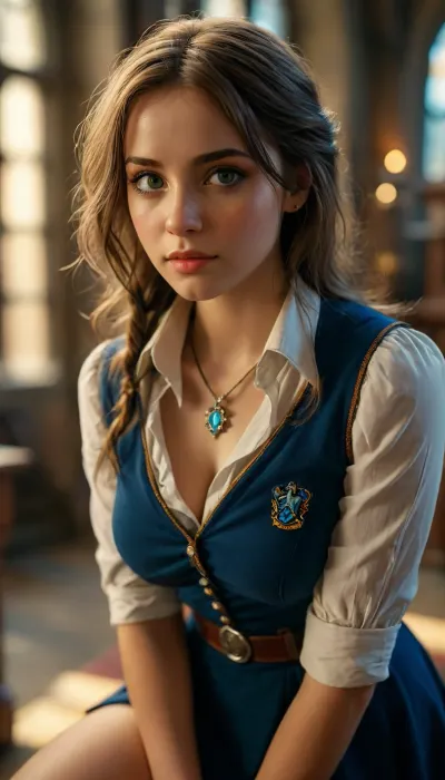 (warm ambient light:.5), (shadows:.4), 8k, best quality, (masterpiece), (intricate details), perfect eyes, perfect face, perfect lighting, beautiful, high detail, octane render, detailed eyes, (full-body shot), (sexy female ravenclaw student), hogwarts, ravenclaw, ravenclaw uniform, boots, black eyeliner, deep cleavage, large breasts, no panties, JS_ShortSkirt, <lora:MJ52:.8>, green, eyes, blue, brown, perfecteyes, <lora:PerfectEyesXL:.8>