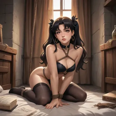 ishtar from fate/grand order dross style reiq meets, woman, A sexy goth girl wearing a thick collar and black stockings stood in a medieval style BDSM dungeon in rope bondage