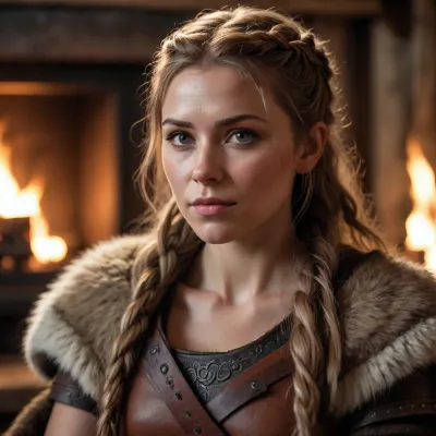 photorealistic, ultra realistic, cinematic photography, medieval Viking warrior, adult woman, realistic anatomy, natural proportions, detailed face, realistic skin texture, individual hair strands, detailed fur, detailed leather, forged steel, rustic Viking longhouse, fireplace, warm firelight, dramatic cinematic lighting, realistic shadows, volumetric light, shallow depth of field, 50mm lens, professional photography, full-frame camera, natural color grading, high dynamic range, subtle film grain, extremely detailed, high resolution, authentic materials, realistic environment, movie still, 8K quality.