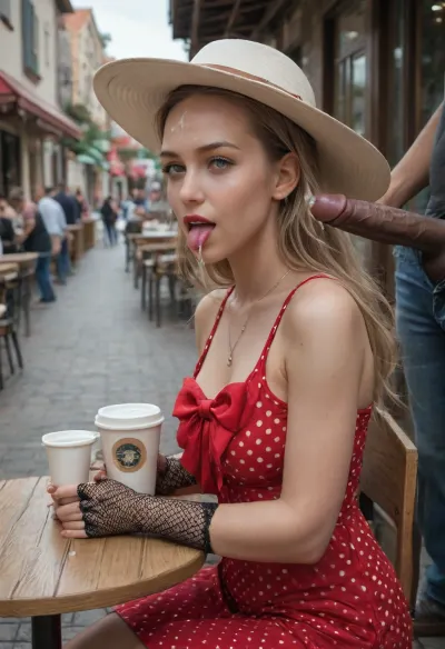(full clothes 3men, blowbang:1.3), (side view:1.2), Sexy German blonde mature cum whore, ((in polka dot dress)), gold necklace, (blowjob:1.3), sitting at the table, (eyes contact), slutty smirk, half-open mouth, perfect small tongue, (cum dripping from tongue:1.3), perfect 5 fingers, (fishnet thin gloves:1.2), red nails, huge heavy makeup, red lipstick, very good hair, (white sunhat with red bow:1.4), dark skinned African man side standing of woman, full clothed dark skinned man ejaculating sperm into her drinking coffee cup, side view, big ejaculation penis, (man's ejaculation big black penis is located directly above her coffee cup), (cum dripping in coffee cup:1.4), (ejaculation:1.3), (white cum on forehead:1.3), (cum on hair:1.3), (full sperm from man's big penis flows down into the drinking cup with coffee:1.2), (living public cafe outdoor, very much public background:1.4), (queue of many men to whore woman:1.3)