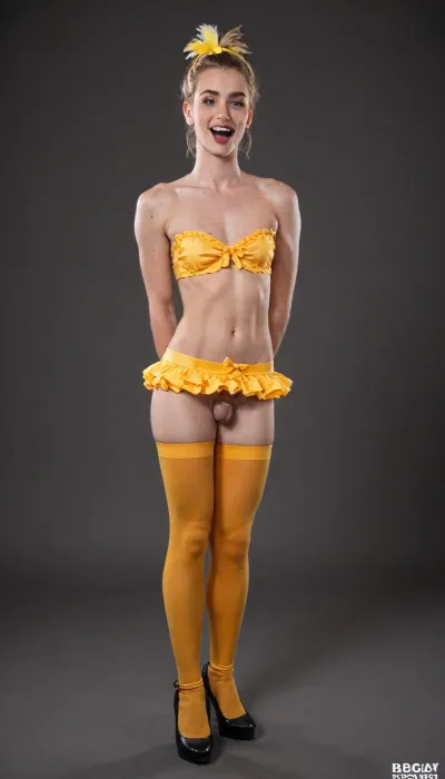 a cross-dressing man—smooth-skinned, (((real man))), (((male crossdresser))), and clean-shaven—wearing blonde hair, feminine makeup, ahegao expression.He appears full-body in the image. Crazy smile, very happy face, tonge out. flat, he wears wavy blonde hair with bright yellow and red tips, long straight style, black bob wig with bright yellow and red side-swept bangs, bright yellow feather headband, bright yellow feathery bikini top, bright yellow feathery micro skirt, bright yellow feather wrist cuffs, bright orange knee-high stockings, bright orange feather arm warmers, yellow egg basket with colorful eggs, laid flat on dark brown background, clean product photography, high detail, studio lighting