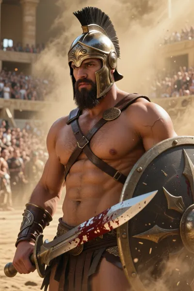 A casual photo of a breathtaking 8k digital painting of a colossal Murmillo gladiator who possesses the god-like, Herculean physique of Neptune, featuring a cavernous, broad chest that strain against his leather straps. He is captured in a stoic, silent gaze within the a dusty, sun-drenched arena under a haze of gold dust. His face is a masterpiece of rugged masculinity, framed by a clean-shaven scalp with a rugged texture and a thick, meticulously groomed dark brown beard specifically trimmed to sit flush against the neck-guard of his ornate bronze Murmillo helmet. The helmet, polished to a mirror sheen, sits atop his head, its iconic fish-crest gleaming under dramatic chiaroscuro lighting. He is armed with a heavy, blood-stained gladius and a massive, rectangular curved scutum shield that bears the marks of a hundred clashes. The composition is a dynamic mid-shot, emphasizing his overwhelming scale and presence, while the background is blurred into a roar of thousands of spectators.. It's a casual photo. Overall it's an actual real-life photograph.