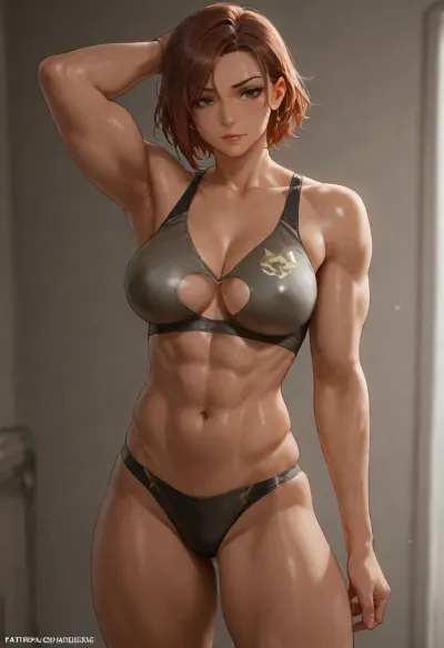 A girl, a muscular girl, a toned girl, a bodybuilder. medium breasts, artificial breasts