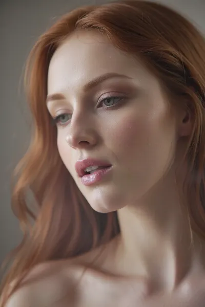 (experimental avant-garde photography with emphasis on underexposed lighting, soft shadows, and muted colors for a hazy dreamlike aesthetic:4), (intimate closeup portrait of a sensual woman with soft luscious lips and sultry eyes, subtle neutral makeup tones), (surreal scene), (luxurious red hair, flawless porcelain skin), (soft focus layered composition, underexposed low-contrast lighting:2)