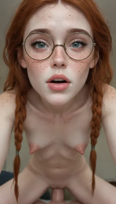 (bedroom), (Tall skinny Sweden princess, glasses, (white skin:1.99), (old milf:.01), (skinny:1.9), (freckles all over body:1.9)), ((((puffy nipples, long nipples, big nipples))), (puffy nipples:1.3), big shaggy tits, (long conical tits), (sagging boobs)), ((beautiful face:1.8), A seductive glance, A seductive face, happy face, black eyeliner, braided pigtail, very long ginger hair), ((pubic ginger hair:1.1), vaginal fluid, Vaginal fluid dripping onto the camera.), (spreading legs, standing), (solo, 8K, UHD, the camera looks from the bottom up, the camera between the legs, Close-up of the vagina from below, looking upwards, the camera is on the floor between her legs, full body view), cartoon saloon, a girl stood in front of a roaring fire with her back to the camera, ((pounding:1.7), (deep penetration:1.99), spreading legs, lying on one's back, doggy style, A man pulls a girl towards himself by the legs, he is forcing his very huge penis into the very very petite girl’s beautiful bare vagina, vaginal penetration, holding her waist in his hand, the penis is fully immersed in the girl), <lora:Cartoon_Saloon_Style_XL_kk-000009:2>