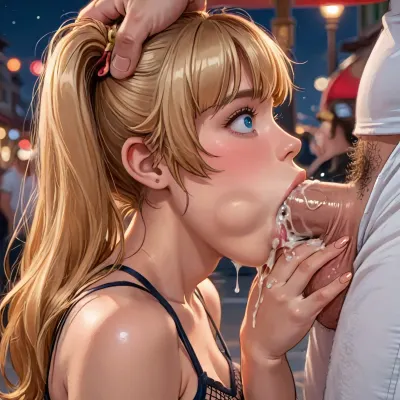 xiangling from genshin impact dross style reiq meets, Masterpiece, best quality, extreme quality, extreme detail, realistic, realism, photorealistic, 8K, hdr, (Russian, porn star, Dulsineya), freak girl, big lips, very blonde hair, pigtails, beautiful face, on the street, night, night street black fishnet top, black thongs, micro thongs, prostitution, whore, slut, order body, deepthroat, deep suck, face fuck, gagging, gigantic cock, extremely wide cock, man, hyper gigantic cock, cock bigger her face, lips at base of cock, (man hands on her head), forced deepthroat, side view, (deepthroat:1.5), (throat bulge:1.2), (cum dripping from mouth:1.4), (shocked:1.3)