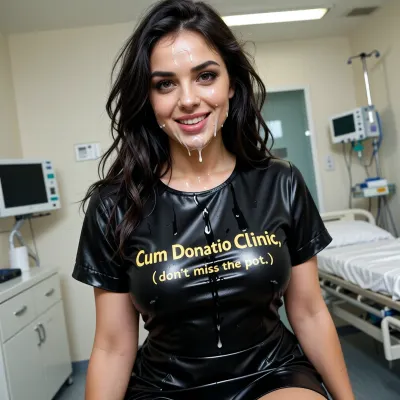 ((30 yo romanian instagram model, nurse in black sain glossy nurse dress.)), ((cum covered)), in sterile hospital environment euro WOMAN, dark hair, beautiful face, big load OF CUM on face and dress, deep perspective, ((long messy wavy tousled after sex hair frames her face)), tousled hair, sexy eyes, perfect body, pov, looking up at viewer, eye contact, ((wearing a sexy glossy black satin nurse dress with the words " Cum Donation Clinic, (dont miss the pot), " in yellow writing on front)), sexy smile, <lora:JustCum:2>, <lora:texta:2>, <lora:RMSDXL_Darkness_Cinema:1.8>, solo_focus, <lora:attractive_notrigger:1.5>, <lora:BUT_SDXL_SHS:1.9>