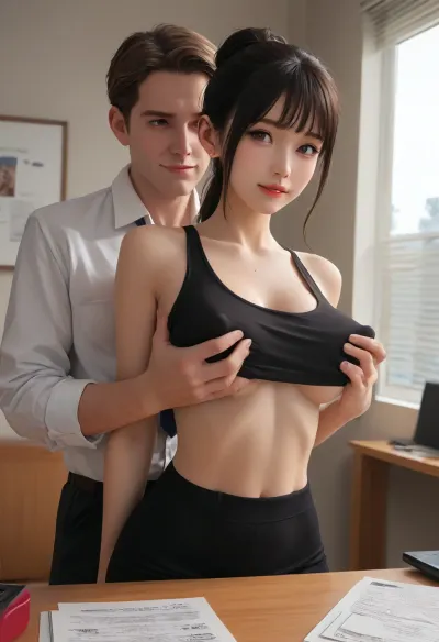 (side perspective), Sexy asian goth girl surrounded in her professor's office, her hands behind her back, cleavage, back arched, smiling, excited, (hyper detailed), (older professor grabbing her breasts), (man squeezing her breasts), (man groping woman), (erect nipples), (violet eyes), side boob, underboob, sideboob, large saggy breasts, no bra, (SamDoesArts:.9), drawing, (J_cartoon:1.3), (incase:.5), <lora:SDXLSamDoesArts:.5>, <lora:mk_Bp Anime_xl:.2>, <lora:EnvyAnimeDigitalPaintingXL01:.1>, <lora:ratatatat74-000050:.1>, <lora:J_cartoon:.1>
