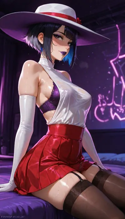 (markgavatino style:.5), (Melkor mancin style:.5), 20 year old, small petite athletic fit FIlipina wife, (sitting on bed in purple neon-color bed room), secretary costume, large cute hat, flirty sultry slut, high quality face details, dark lipstick, eyeliner, big cute gray eyes, (((hypersaturated bright))), (lustrous short hair with blue highlights), (adorable dress), medium firm hard breasts under fancy white dress, purple satin bra, (full large red skirt:1.2), pleated, long stockings, side view, <lora:EnvyBeautyXL04:.7>, oozing dripping panties, moist wet, (((she has a small futa penis bulge under her panties))), long gloves