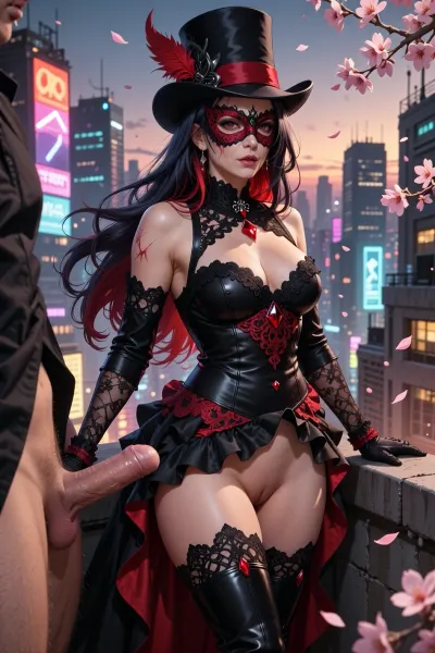 NSFW security rating_source, name, source, hentai, excellent quality, masterpiece, anime-style masterpiece, one woman, one man, full-length portrait of a woman in a black and red lace mask, elegant image of a 40-year-old Gothic woman, loose raven-colored long hair with scarlet strands, tall black top hat with red feathers, a black lace bustier dress with red diamonds, raised to the waist, high-heeled boots, stands on the roof of a cyberpunk city illuminated by neon lights at dusk, leaning forward, leaning on the parapet at the edge of the roof, she is leaning against the parapet with her chest, a man is standing behind her, the body is partially visible, naked, with an excited penis, fucks her hard and deep in the anus, anal sex, glowing billboards, sakura petals fluttering in the wind, spectacular angle, shaded view, bold lines, bright red and black color scheme palette, detailed folds of clothing, bright highlights, atmospheric particles, studio-quality anime, highly detailed background, 2D digital art, sakuga style, emotional and mesmerizing look., anime scene with cinematic composition, wide frame, showing the character in context, emotional lighting appropriate to the character's mood, careful rendering of the material from skin to clothing, mysterious and intriguing atmosphere, 1990s style, retro anime, shading, hand-drawn, screencap, film grain, vintage VHS overlay