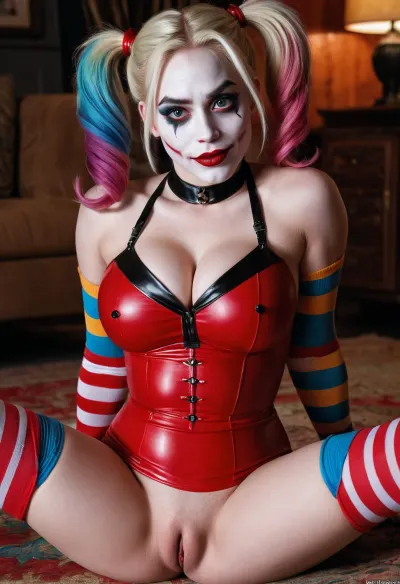 young beautiful futa Harley Quinn with big breasts, wearing a pulled-up dress without any underwear, trans, big dick, laying on her back with spread legs, no panties, long striped socks, clown makeup, skinny, white face paint, detailed penis, looking at the viewer, back long high twin multi-colored ponytails, excited, aroused, tack sharp, 4k, dslr