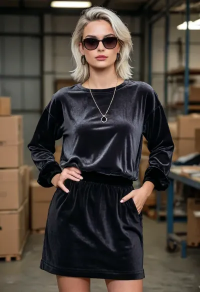 (masterpiece, best quality:1.2), 1 french 25yo woman, lasciviously and glamorous company boss, (she wears a dark ash colored baggy velvet round neck longshirt, plain black cotton skirt:1.4), inside a modern ditribution warehouse, chin-length straight white hair with a center part, (modern styled with jewelry, earrings, bangles, necklaces), bright blue eyes, dark sunglasses, photorealism, <lora:style_lora_realis:.5>, <lora:slicked-back_hair-000006:.5>