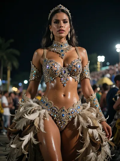 A flawless, ultra-detailed cinematic photograph of a beautiful Brazilian woman at the night-time carnival in Rio. The image is in ‘medium full-length’ format, capturing her in an elegant standing pose, with the focus on her face and upper body. She is wearing a meticulously designed, luxuriously crafted premium-class carnival costume featuring exquisite hand embroidery, thousands of shimmering sequins and a multi-layered, richly embellished feather skirt that completely covers her lower body and thighs. Every detail of the outfit is flawlessly designed and finished. A perfectly sculpted physique, no exposed intimate areas, and flawless skin texture with glistening beads of sweat. Cinematic lighting with dramatic shadows and natural background bokeh from the festive crowd.