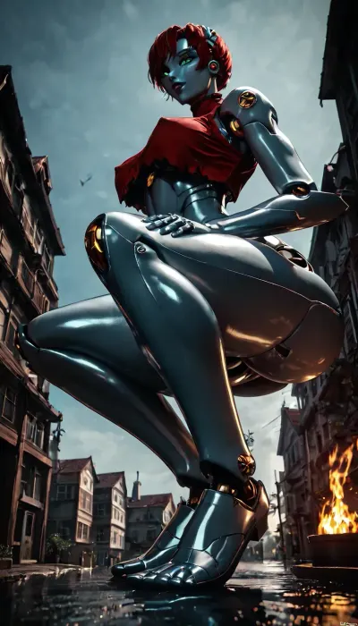 a futanari robot, not human, firefighter plastic skin, with a very large penis, curved up, massive jet of pee, squatting, legs open, seen from side, full body image. robot is gigantic, imposing, strong, industrial strength smaller then robot, bruning buildings, 200feet tall. house on fire below her and background., (giant robot:2), 7-Evangelion, 7-EVA01, 7-EVA02, <lora:Evangelion Style SDXL  v1.0:.8>, <lora:dark:.8>