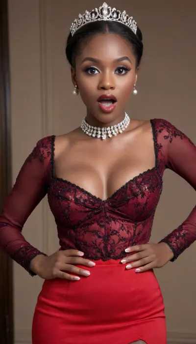 Full body view, (((ebony whore:1.5))), rich melanin glow, voluptuous, elegant, seductive, strong, confident, sharp details, smooth skin texture, dark rich melanin glow.
portrait, vivid colors, bright, detailed, Masterpiece, woman wearing a white satin midi length Bodycon dress, pleated skirt, skirt has side splits, splits waist high, splits left and right side, long sleeves, puff sleeves, a red embroidered bodice covering dress, gold lace filigree overlaying outfit, wearing plain black stockings, wearing black shiny heels, woman wearing Diamond Collar choker, woman wearing Royal Diamond Tiara, woman's hair long blonde, hairstyle Low Classic Chignon Bun with Pearl Embellishments and bangs covering face, realistic, real, face, hyper, realsitic, influencer, insta, beautiful, sexy, pretty, loemba, blueche, (with, blushing, cheeks:1), covche, covering, her, cheek, with, right, hand, covmou, mouth, looking, embarrassed, <lora:Realistic_Insta_InfluencerV1.0:.8>, <lora:EmbarrassedBlushing.1.0:.8>