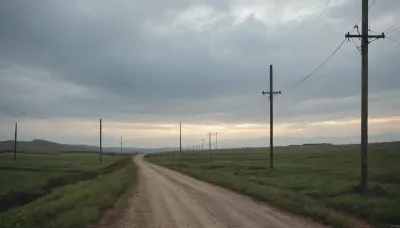 (in Michael Whelan art style), straight narrow old asphalt road stretches away into the distance, along the road are bright green fields and poles with wires on the right, a bright blue sky with white clouds, low mountains on the horizon far away, (saturated bright colors, high definition image, high contrast colors)