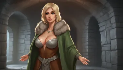 (one woman, Betrid from Skyrim, 50 year old, scandinavian, blonde medium hair, medium breasts, serious face expression), (inside medieval stone house, silver stone walls), (wearing brown fur shawl and noble ornamental green coat spread open wide exposing breasts), (standing, putting hands on hips), view above waist, grey atmosphere, (artwork, digital painting, fantasy art, loading screen art style), <lora:LegendDarkFantasy-000001:.5>, <lora:SumTim:.1>, <lora:SDXLSamDoesArts:.3>, <lora:shirtspreadv10_SDXL:.8>