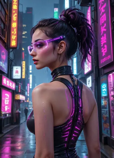 a masterpiece, the highest quality, an extremely detailed image, sharp focus, cinematic lighting, a cyberpunk city at night, wet surfaces, reflections of neon lights, a beautiful young woman glancing over her shoulder, purple-magenta cybernetic glasses, black hair swept into a messy high bun, wet skin with droplets of water, large breasts visible from the side, a narrow waist, dressed in a black, glossy, wet latex cybernetic bodysuit, glowing purple accents on her back, she stands on a wet sidewalk, with a neon metropolis in the background featuring skyscrapers and countless neon signs, high contrast, a melancholic atmosphere, <lora:sdxl_cyberpunk:.8>, <lora:cyberpunk_str33t:.8>, <lora:Cyberpunk_Glasses_-_SDXL:.8>