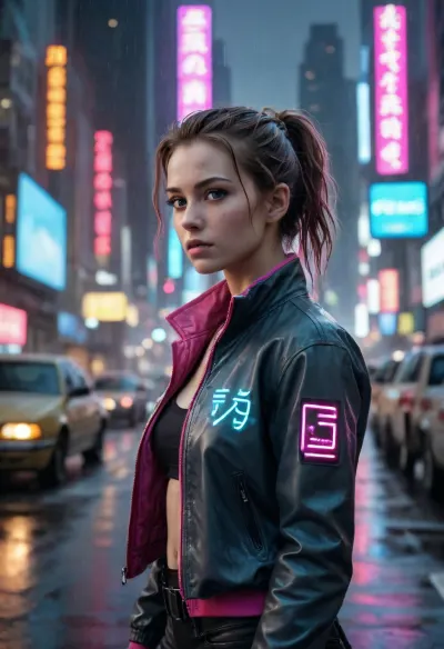 masterpiece, top quality, raw photo, (realistic skin texture:1.2), breathtaking cyberpunk cinematic medium shot, tech-augmented heroine integrated seamlessly into the scene, positioned slightly off-center from the waist up. Vast towering vertical city canyon with infinite depth, colossal dystopian mega-structures pierce dense neon smog at midnight, massive holographic corporate ads floating between skyscrapers, glowing kanji signs flashing, flying vehicle light trails crisscrossing through heavy rain. The heroine wears a detailed matte carbon fiber and nylon tactical jacket with subtle glowing fiber-optic lines, reflecting vibrant pink, cyan, and electric blue city lights. Her face and cybernetic icy-blue eyes in sharp focus. Overwhelming scale, intricate geometry, chaotic beauty of the neon city. Shot on 35mm anamorphic lens, Arri Alexa, cinematic chiaroscuro, high-contrast dark synthwave atmosphere, film grain, volumetric lighting, water droplets, highly detailed, 8k resolution
Используйте код с осторожностью.