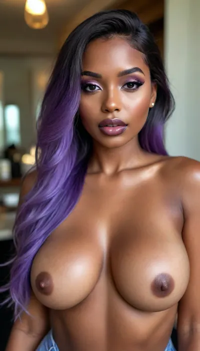 (1woman), 28 years old, ((curvy body)), Close-up girl, closed mouth latin woman, curvy, ((dark skin)), ((round face)), (((brown skin))), (((full lips))), lavanda lipstick, closed mouth, lipgloss, small cute nose, standing, face, (((round medium breasts))), (((straight long lavanda hair))), (((oiled skin))), (detailed black eyes), (((slut makeup))), long big thick, (high resolution image), (perfect face), sexy, beauty, (ultra realistic:1.7), (maximum quality:1.5), (high resolution:1.7), (extreme detail:1.5), (ultra realism:1.6), 8k, he, photo was taken by Canon Eos, (maximum detailed skin:1.6), (((I was offended))), melanin, <lora:BUT_SDXL_SHS:.8>, <lora:melanin-XL:2>