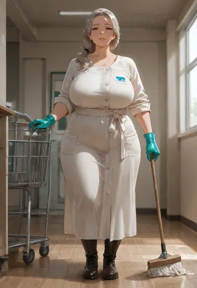 masterpiece, best quality, absurdres, newest, highres, very aesthetic, 1girl, solo, mature female, adult, milf, 54 year old woman, gray hair, hair tied back, tired face, wrinkles, brown eyes, plump, chubby, wide hips, large breasts, sturdy build, blue cleaning smock, work coat, rubber gloves, rubber boots, no makeup, standing, full body, straight-on, front view, looking at viewer, holding mop, cleaning cart, school gymnasium, Saturday, indoor lighting, detailed face, detailed clothes, intricate details