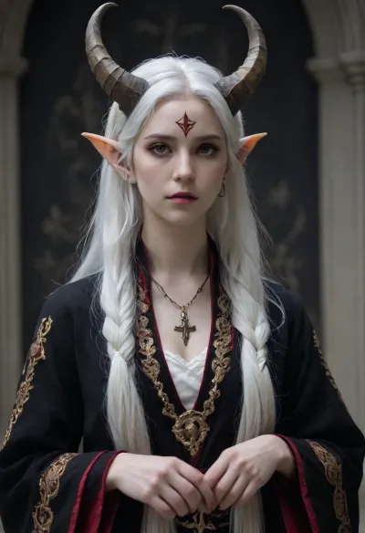 tiefling female, (marble skin), bard, white hair, full body view, dark bard clothing, small horns, Wh13, Pr13st3ss, woman, robe, symbols, crown, necklace, girl, <lora:pale_demon:2>, <lora:White_Priestess:.8>, <lora:girl-000004:2>