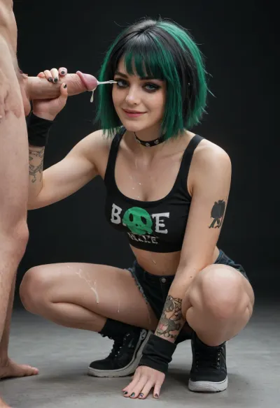 (emo babe:1.3), black-green hair, perfect hourglass body, smalld breasts, dark makeup with thick eyeliner, dark hair in emo style, in raunchy emo outfit, black background, green eyes, (smiling, closed mouth), ((squatting in front of man)), ((handjob)), (ejaculation, cum on body:1.6), full body view, green-black top