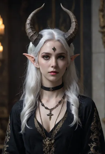 tiefling female, (marble skin), bard, white hair, full body view, dark bard clothing, small horns, Wh13, Pr13st3ss, woman, robe, symbols, crown, necklace, girl, <lora:pale_demon:2>, <lora:White_Priestess:.8>, <lora:girl-000004:2>