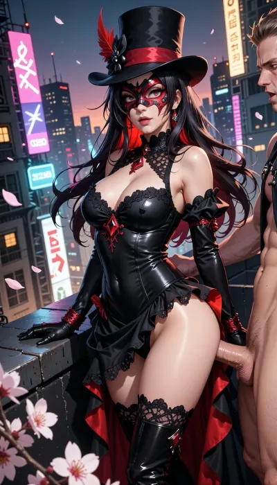 an anime-style masterpiece, one woman, one man, a full-length portrait of a woman in a black and red full-length mask, an elegant image of a 40-year-old Gothic woman, large expressive eyes with clear regular pupils, a pointed chin, loose long raven-colored hair with scarlet strands, a tall black top hat with red feathers, a black lace bustier dress with red diamonds, pulled up to the waist, high-heeled boots, stands on the roof of a cyberpunk city illuminated by neon lights at dusk, tilted forward, leaning on the parapet at the edge of the roof, she is leaning on the parapet with her chest, a man is standing behind her, the body is partially visible, naked, with an excited penis, fucks her hard and deeply in the anus, anal sex, glowing billboards, sakura petals fluttering in the wind, spectacular angle, shaded look, bold lines, bright red and black color palette, detailed folds clothing, bright highlights, atmospheric particles, studio-quality anime, highly detailed background, 2D digital art, sakuga style, emotional and mesmerizing look.
