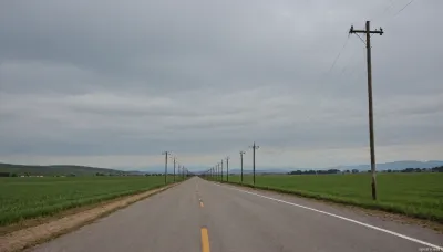(in Michael Whelan art style), straight narrow old asphalt road stretches away into the distance, along the road are bright green fields and poles with wires on the right, a bright blue sky with white clouds, low mountains on the horizon far away, (saturated bright colors, high definition image, high contrast colors)