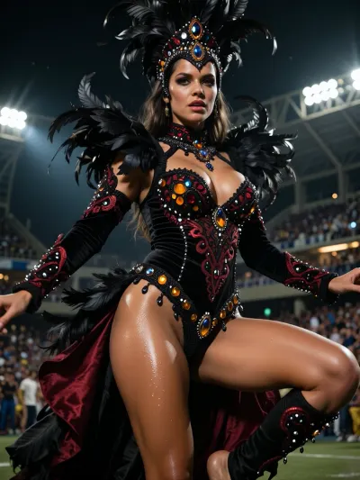A flawless, ultra-detailed cinematic photograph in the style of dark fantasy, capturing a beautiful Brazilian woman performing the iconic ‘Samba no pé’ dance routine inside a majestic stadium at twilight. A wide full-length shot that showcases her entire outfit and figure from head to toe. Her eyes are a masterpiece of biological accuracy, with crystal-clear focus, displaying distinct, radiant amber patterns in the iris with intense, piercing mirror-like reflections that capture the dramatic, atmospheric carnival spotlights. She wears a sumptuous, top-quality carnival costume with lavish detailing, crafted in obsidian black and deep crimson, it is crafted from first-class midnight-coloured feathers, adorned with dark velvet embroidery and thousands of shimmering, light-reflecting onyx crystals that cascade naturally down her entire body. The texture of her skin is perfectly rendered, pores and glistening beads of sweat are visible, reflecting a warm golden-bronze hue against the backdrop of shadows. The natural motion blur is strictly confined to her swiftly moving legs, whilst her expressive face and the entire intricate costume remain in crystal-clear focus. Cinematic lighting with deep shadows and natural background bokeh from the dark festive crowd.
