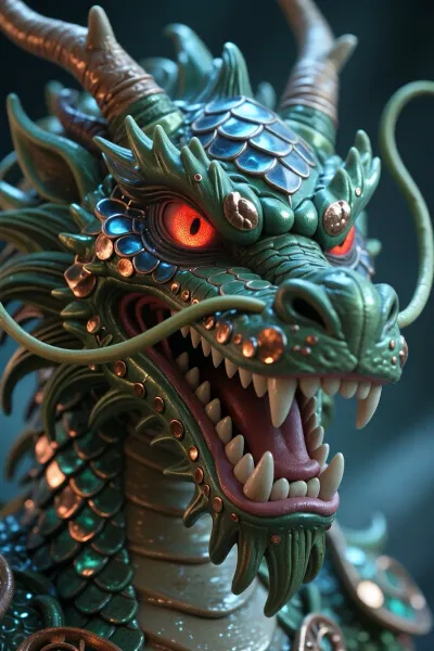Asian Dragons face. Menacing with long sharp teeth, Green metallic scales with scattered copper metallic scales, luminous red eyes, metallic blue scales throughout the face, glow, god rays, ethereal, dreamy, heavenly, otherworldly, dream-like, breathtaking, captivating, divine, claymation, incredible claymation style, kubo and the two strings style art, clay texture, clay animation, stop-motion clay