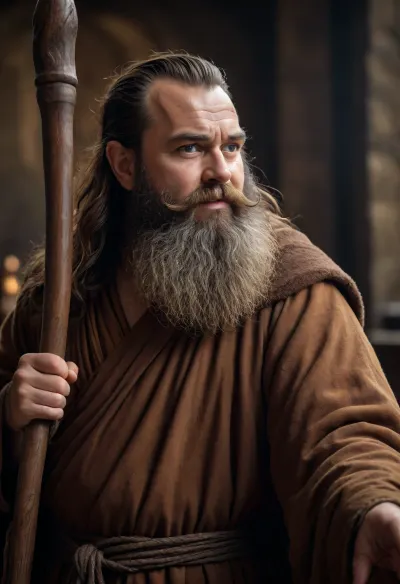DWARF, hermit, brown monk robes, quarter staff, dark beard, dark hair