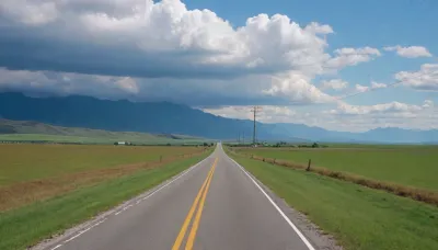 (in Michael Whelan art style), straight narrow old asphalt road stretches away into the distance, along the road are bright green fields and poles with wires on the right, a bright blue sky with white clouds, low mountains on the horizon far away, (saturated bright colors, high definition image, high contrast colors)