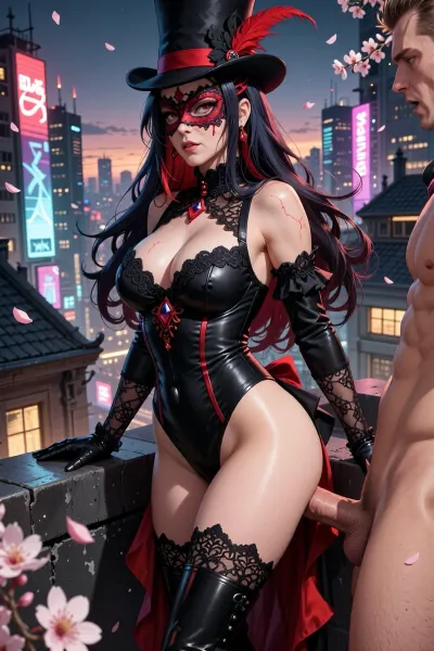 NSFW security rating_source, name, source, hentai, excellent quality, masterpiece, anime-style masterpiece, one woman, one man, full-length portrait of a woman in a black and red lace mask, elegant image of a 40-year-old Gothic woman, loose raven-colored long hair with scarlet strands, tall black top hat with red feathers, a black lace bustier dress with red diamonds, raised to the waist, high-heeled boots, stands on the roof of a cyberpunk city illuminated by neon lights at dusk, leaning forward, leaning on the parapet at the edge of the roof, she is leaning against the parapet with her chest, a man is standing behind her, the body is partially visible, naked, with an excited penis, fucks her hard and deep in the anus, anal sex, glowing billboards, sakura petals fluttering in the wind, spectacular angle, shaded view, bold lines, bright red and black color scheme palette, detailed folds of clothing, bright highlights, atmospheric particles, studio-quality anime, highly detailed background, 2D digital art, sakuga style, emotional and mesmerizing look., anime scene with cinematic composition, wide frame, showing the character in context, emotional lighting appropriate to the character's mood, careful rendering of the material from skin to clothing, mysterious and intriguing atmosphere, 1990s style, retro anime, shading, hand-drawn, screencap, film grain, vintage VHS overlay
