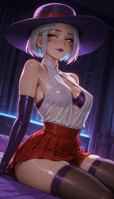 (markgavatino style:.5), (Melkor mancin style:.5), 20 year old, small petite athletic fit FIlipina wife, (sitting on bed in purple neon-color bed room), secretary costume, large cute hat, flirty sultry slut, high quality face details, dark lipstick, eyeliner, big cute gray eyes, (((hypersaturated bright))), (lustrous short hair with blue highlights), (adorable dress), medium firm hard breasts under fancy white dress, purple satin bra, (full large red skirt:1.2), pleated, long stockings, side view, <lora:EnvyBeautyXL04:.7>, oozing dripping panties, moist wet, (((she has a small futa penis bulge under her panties))), long gloves