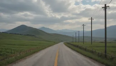 (in Michael Whelan art style), straight narrow old asphalt road stretches away into the distance, along the road are bright green fields and poles with wires on the right, a bright blue sky with white clouds, low mountains on the horizon far away, (saturated bright colors, high definition image, high contrast colors)
