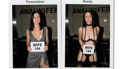 polaroid photo, side-by-side two pictures of the same standing mature slim french gilf 58yo, very sagging skin, (full same body in both pictures), realistic mature skin, woman, medium-lengh straight dark hair, first picture smiling and wearing a sexy everyday dress, in the second picture she is wearing sexy lingerie, pants, bra, stockings, high heels, thick bdsm collar. natural face, In the first picture she is standing and is holding a sign that says "WIFE 144".In the second picture she has hung a sign in her neck that says "WIFE 144" and she has her hands back.Please make an extreme contrast from first picture to second picture. the woman has to be the same woman on both pictures. Background is exactly de same for both pictures, a company chief big office with the word "ANALWIFER" graved on the wall. Her body in both pictures is exactly the same size and form.
A caption on the top is written on the first picture 'Presentation'.
A caption on the top is written on the first picture 'Ready'.
Hard, direct, pop-up style frontal camera flash lighting, creating extreme high contrast between brightly lit foreground subjects and a deeply shadowed, dark background. The skin has a distinct glistening, sweaty-look sheen. Rapid fall-off of light into chaos and darkness in the distance. Retro flash color rendering with harsh highlights and potential red-eye effect.