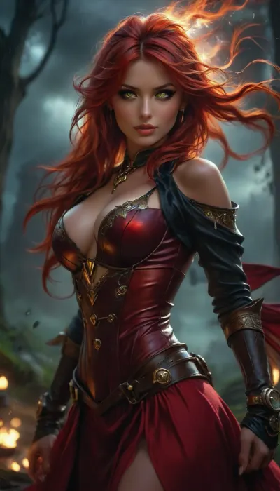 30 year old woman, ((Portrait)), a hyper realistic ultra detailed photograph of a beautiful steampunk woman 30 years old, fantasy steampunk woodland at night, dark and stormy, red hair, red steampunk satin seductress dress, long wild hair, ((strong wind, storm)), perfect mature face, perfect nose, full lips, strictly pose, detailed symmetric beautiful red eyes, detailed gorgeous face, steampunk environment, exquisite detail, medium height, front view, ((c cup breasts)), close up view, 111cine8matic55, masterpiece, 32k, (Masterpiece), high quality, Volumetric Lighting, backlight, sexy, punk style, vaporwave, neon, vibes, vibrant, stunningly beautiful, crisp, hyper realistic, sleek, red highlights, red shadows, shadowislexl, armored, glowing, ghostly, <lora:attractive_notrigger:1.5>, <lora:BUT_SDXL_SHS:1.9>, <lora:Vivid Midjourney mimic - XL SDXL v2.0:1.5>, <lora:add-detail-xl:2>, <lora:shadowislesXL-000007:1.3>