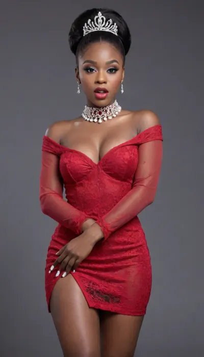 Full body view, (((ebony whore:1.5))), rich melanin glow, voluptuous, elegant, seductive, strong, confident, sharp details, smooth skin texture, dark rich melanin glow.
portrait, vivid colors, bright, detailed, Masterpiece, woman wearing a white satin midi length Bodycon dress, pleated skirt, skirt has side splits, splits waist high, splits left and right side, long sleeves, puff sleeves, a red embroidered bodice covering dress, gold lace filigree overlaying outfit, wearing plain black stockings, wearing black shiny heels, woman wearing Diamond Collar choker, woman wearing Royal Diamond Tiara, woman's hair long blonde, hairstyle Low Classic Chignon Bun with Pearl Embellishments and bangs covering face, realistic, real, face, hyper, realsitic, influencer, insta, beautiful, sexy, pretty, loemba, blueche, (with, blushing, cheeks:1), covche, covering, her, cheek, with, right, hand, covmou, mouth, looking, embarrassed, <lora:Realistic_Insta_InfluencerV1.0:.8>, <lora:EmbarrassedBlushing.1.0:.8>
