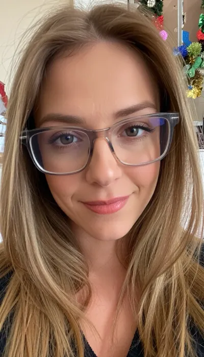 The image shows a close-up portrait of a woman. She has long, straight blonde hair that falls around her shoulders. She is wearing eyeglasses with a clear frame and a slight tint to the lenses. Her makeup appears subtle, enhancing her features.The background includes some decorations, including colorful ornaments or garlands that suggest a festive atmosphere. These decorations might indicate a celebration or event, such as a birthday or holiday gathering.Her expression is neutral, and she appears to be looking directly at the camera. Overall, the image conveys a warm and approachable feeling.