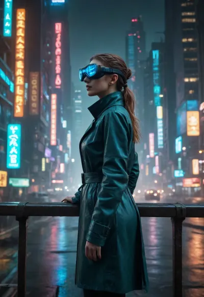 masterpiece, top quality, (raw photo:1.2), breathtaking cyberpunk epic wide-angle establishing shot, an immense hyper-detailed dystopian metropolis at midnight. Towering vertical city canyon with infinite depth and scale. Colossal megastructures pierce dense glowing neon smog, endless layers of stacked architectural cyberpunk slums. Streams of futuristic flying vehicles and advanced hover-cars zip between skyscrapers, leaving long light trails through the rain. In the foreground, a lone cybernetic woman in a dark wet trench coat is standing in profile on a high-altitude rusted metal balcony. She is wearing sleek hyper-detailed cyber-goggles with a faint neon blue digital UI HUD glowing on the lenses. Volumetric atmospheric haze, heavy rain, soft ambient reflections of teal and amber neon, shot on 24mm lens, cinematic storytelling, 8k resolution