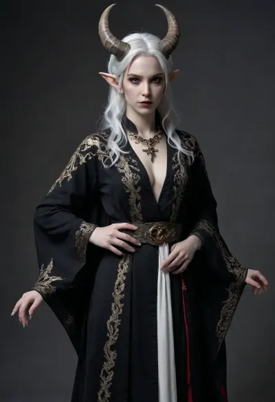 tiefling female, (marble skin), bard, white hair, full body view, dark bard clothing, small horns, Wh13, Pr13st3ss, woman, robe, symbols, crown, necklace, girl, <lora:pale_demon:2>, <lora:White_Priestess:.8>, <lora:girl-000004:2>