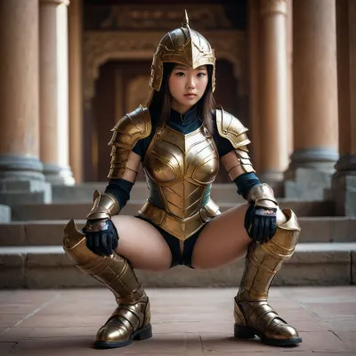 (nsfw), 18 year old asian young adult girl, abstract beauty, approaching perfection, dynamic, paladin armor, boots, squatting, palace, helmet
