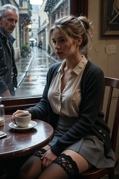 a very busty young female sitting alone at a small table inside a café. She has slightly tousled blonde hair loosely pinned up, a few strands falling around her face. She wears an old worn soft cream blouse beneath a worn dark cardigan, understated and quietly elegant, a grey skirt and lace top stockings, her legs are crossed.

She sits beside a rain-speckled window, One hand rests around a small porcelain cup of coffee.

Outside the window, a narrow side street glistens after light rain. An old man stares through the window at her