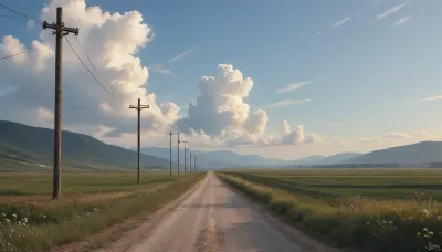 (in Michael Whelan art style), straight narrow old asphalt road stretches away into the distance, along the road are bright green fields and poles with wires on the right, a bright blue sky with white clouds, low mountains on the horizon far away, (saturated bright colors, high definition image, high contrast colors)